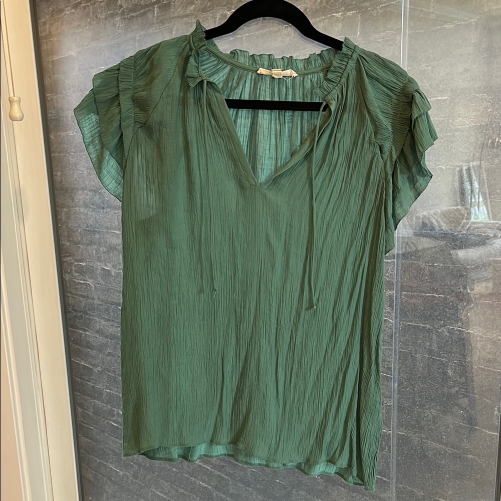 Green Pleated Cap Sleeve Blouse with Tie Front